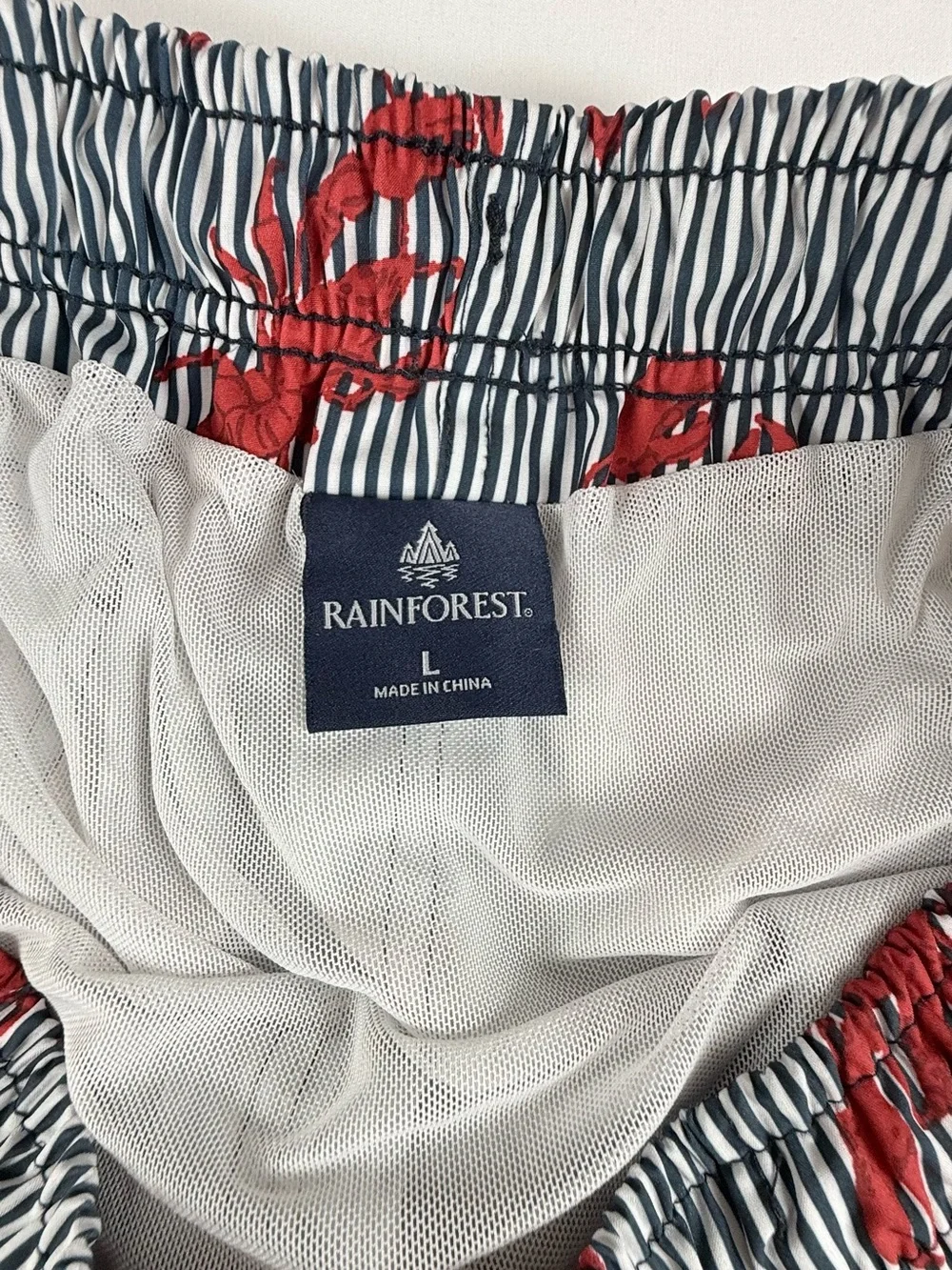 RAINFOREST Men's Red Lobster Print Swim Trunks on Navy Stripe